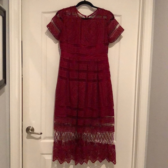 Just Me Dresses & Skirts - Dark Red peekaboo lace shirt sleeve dress